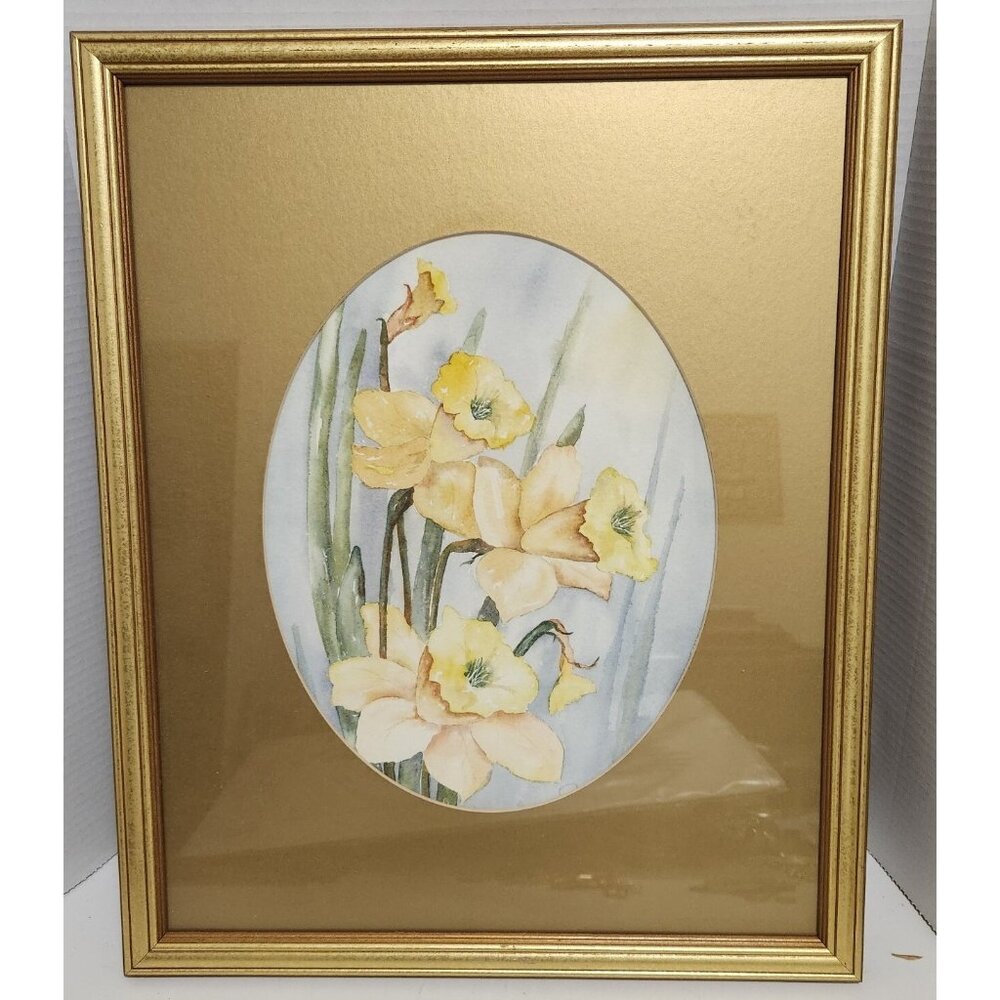 Orig Watercolor Painting,  22 X 17 “Daffodils” Yellow With Gold Frame Artwork